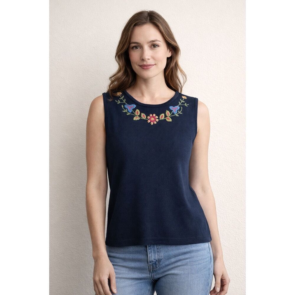 M Nicole XL Navy Embroidered Floral Sleeveless Knit Tank Top - Picture 2 of 13